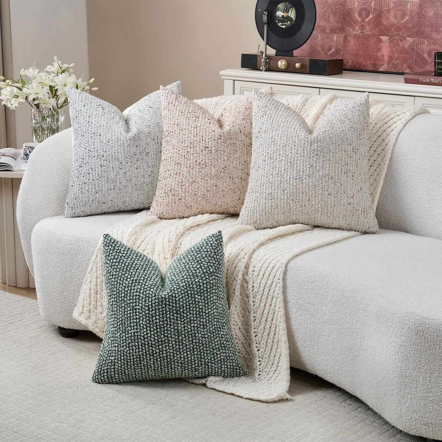 Striped Throw Pillow Covers 20x20 Set of 2 Cream Grey Textured Boucle Chic Morden Boho Accent Farmhouse Square Decorative Couch Pillow Covers for Home Decor Bed Sofa Living Room