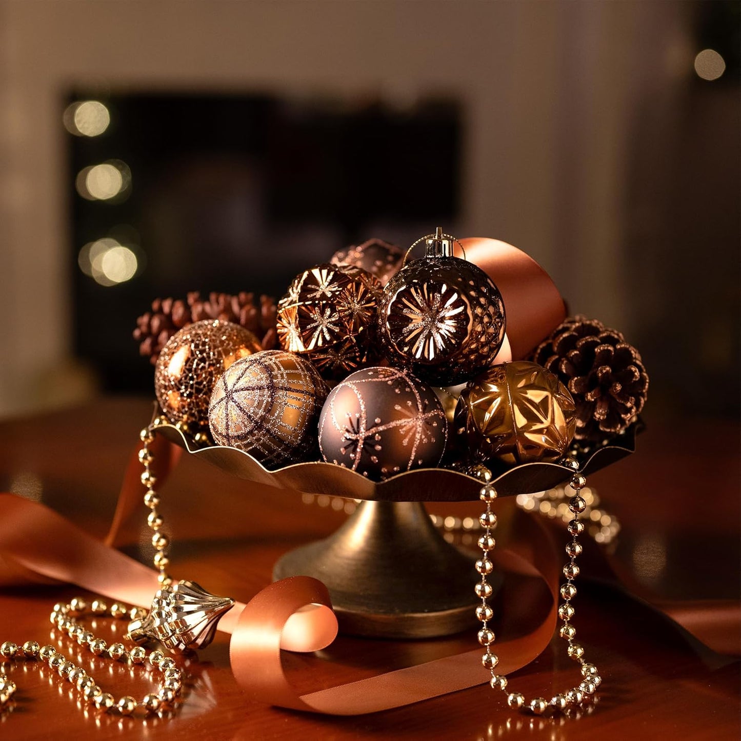 Valery Madelyn Fall Ornaments for Christmas Trees, 16ct Bronze Copper Brown Gold Shatterproof Fall Christmas Tree Decorations, 2.36 Inches Luxury Hanging Ball Ornaments for Thanksgiving Autumn Harvest