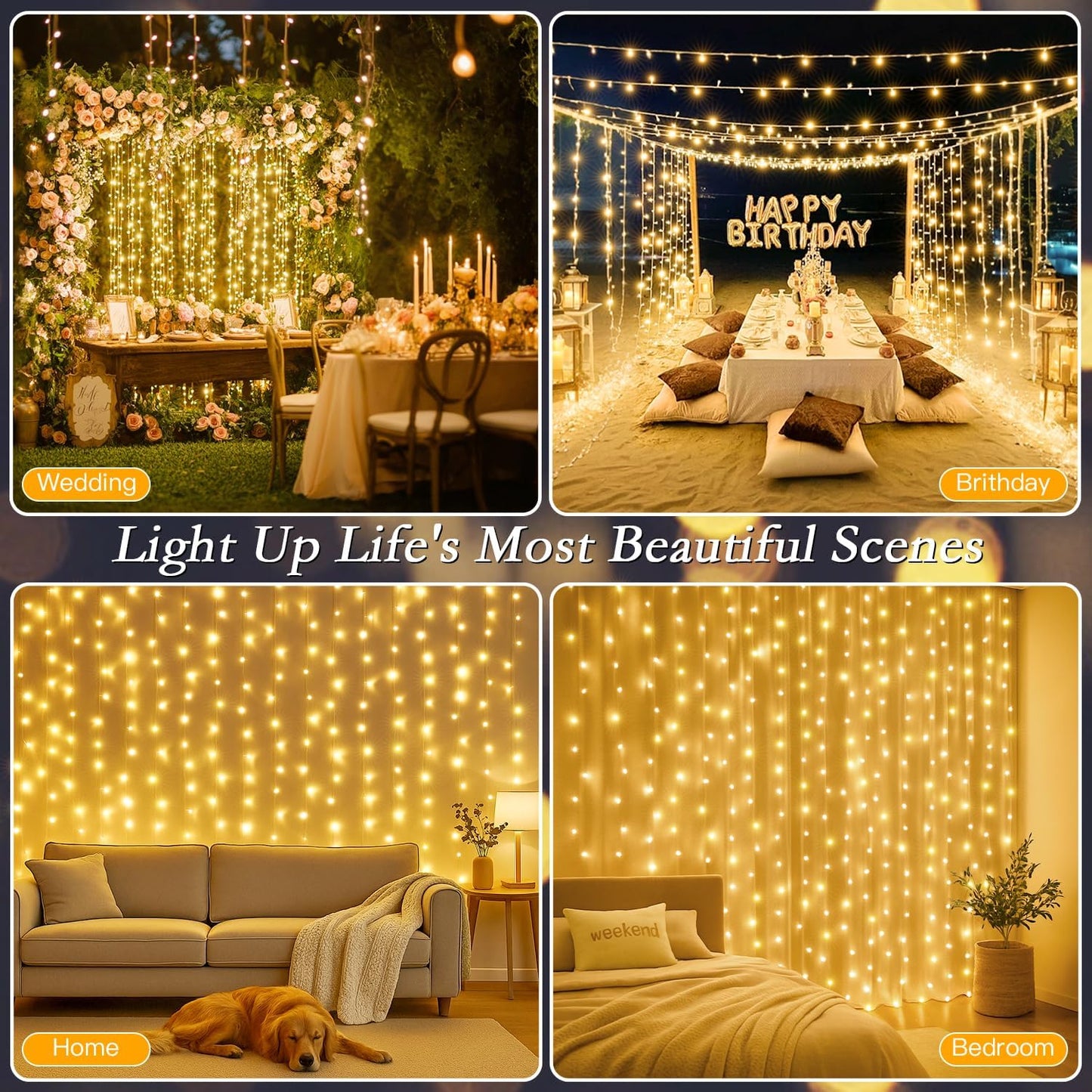 300 LED Curtain String Lights 9.8FT Plug in Fairy Lights with Timer and 8 Modes, Waterproof Window Wall Lights for Bedroom Wedding Party Indoor Outdoor Christmas Decor