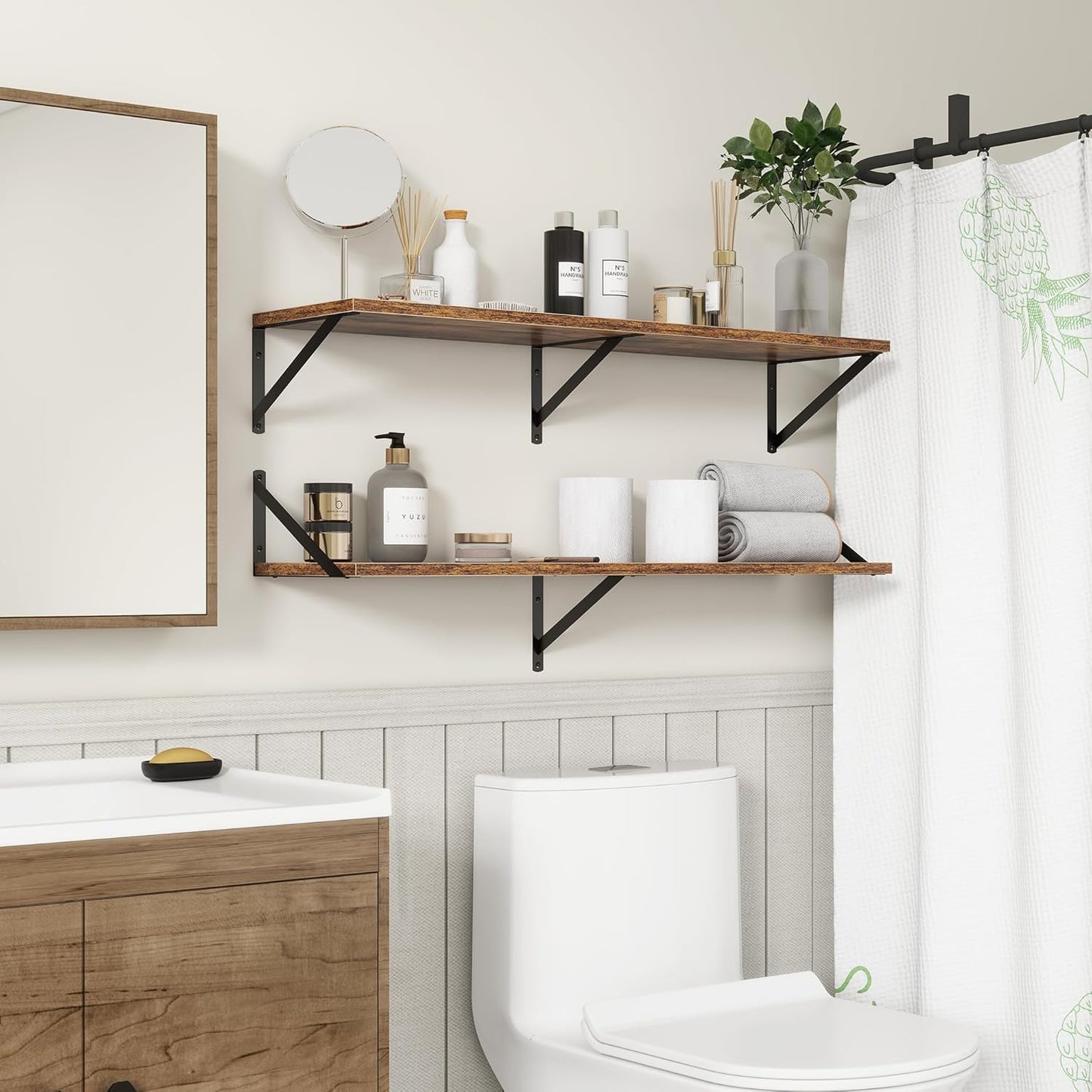 Fun Memories 40 Inch Floating Shelves, 10 Inch Deep Wall Shelf, 40 x 10 Floating Shelf Set of 2, Wood Floating Shelf Wall Mounted, Large Kitchen Living Room Bedroom Storage Shelves, Rustic Brown