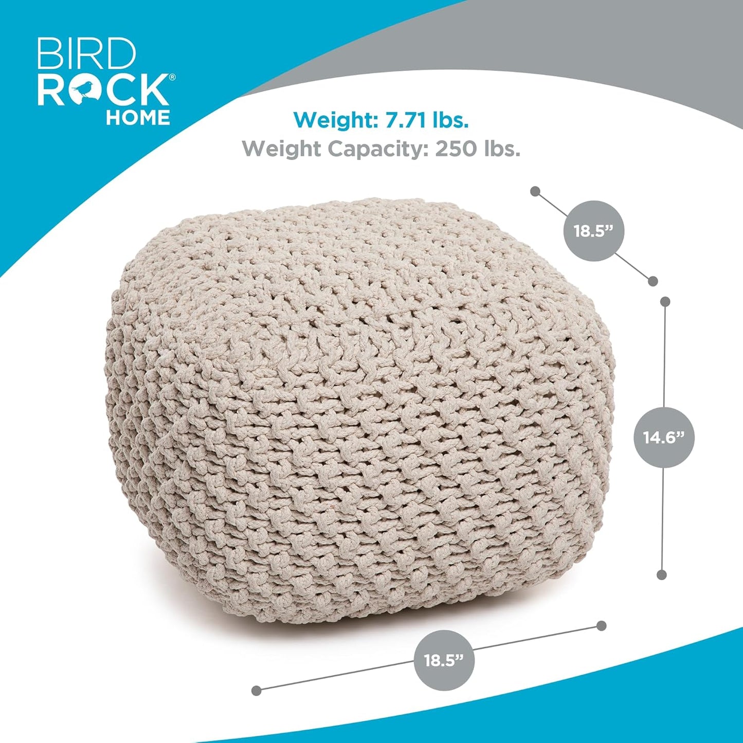 BIRDROCK HOME Square Pouf Ottoman | Cotton Braided Foot Stool with Bean Bag Filling | Boho Foot Rest for Living Room, Bedroom | Compact & Comfortable Seating, Lightweight & Sturdy | Natural
