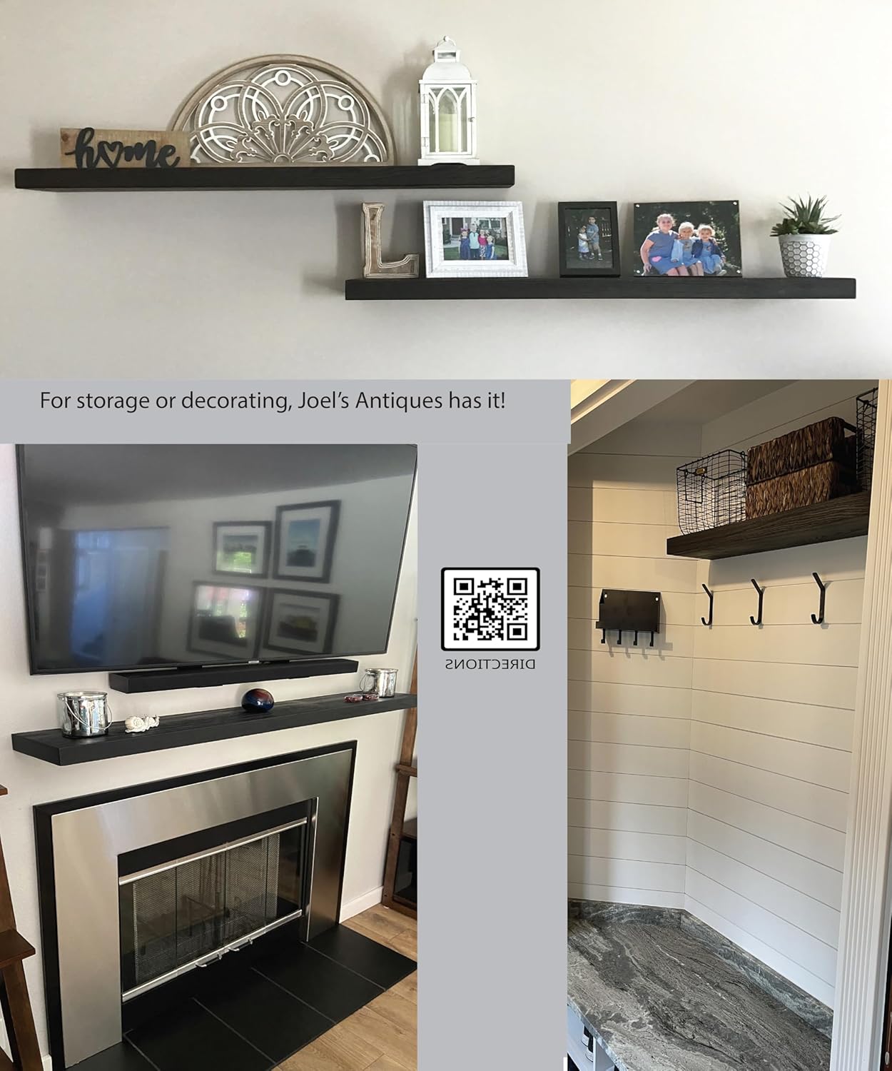 Joel's Antiques 42 Inch Wooden Floating Shelves for Wall - 42x12x2 in - Made of Natural Wood - Long Heavy Duty Rustic Wall Shelves for Bedroom - Perfect for Living Room, Kitchen - Black