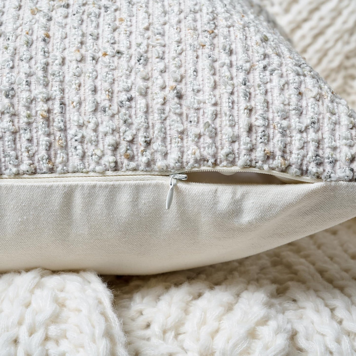 Striped Throw Pillow Covers 16x16 Set of 2 Cream Grey Textured Boucle Chic Morden Boho Accent Farmhouse Square Decorative Couch Pillow Covers for Home Decor Bed Sofa Living Room