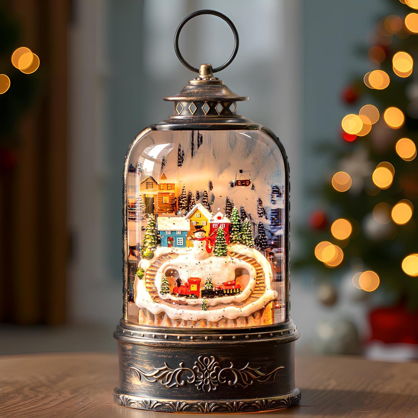 Christmas Snow Globe Lantern Water Glittering Snowman & Train with Music & Timer, USB Lined/Battery Operated Lighted Lantern for Christmas Festival Decoration Gifts