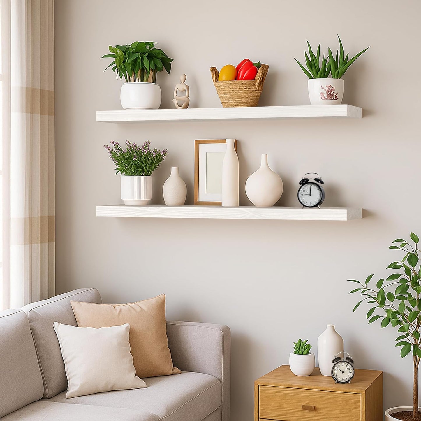 BGMG Wood Floating Shelves 30 inch Set of 2,White Floating Shelves for Wall,Solid Wood Wall Shelves for Bathroom Living Room Bedroom Kitchen Farmhouse -30x 6.7 x1.25 inch