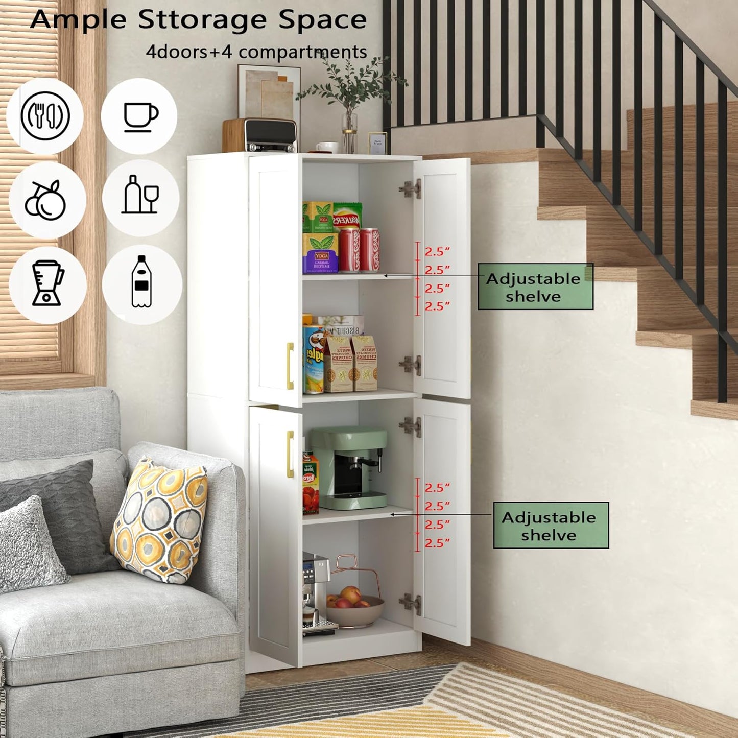 Storage Cabinet, Kitchen Pantry with Doors & Shelf, Tall Storage Cabinet for Bathroom, Living Room, Entryway,White