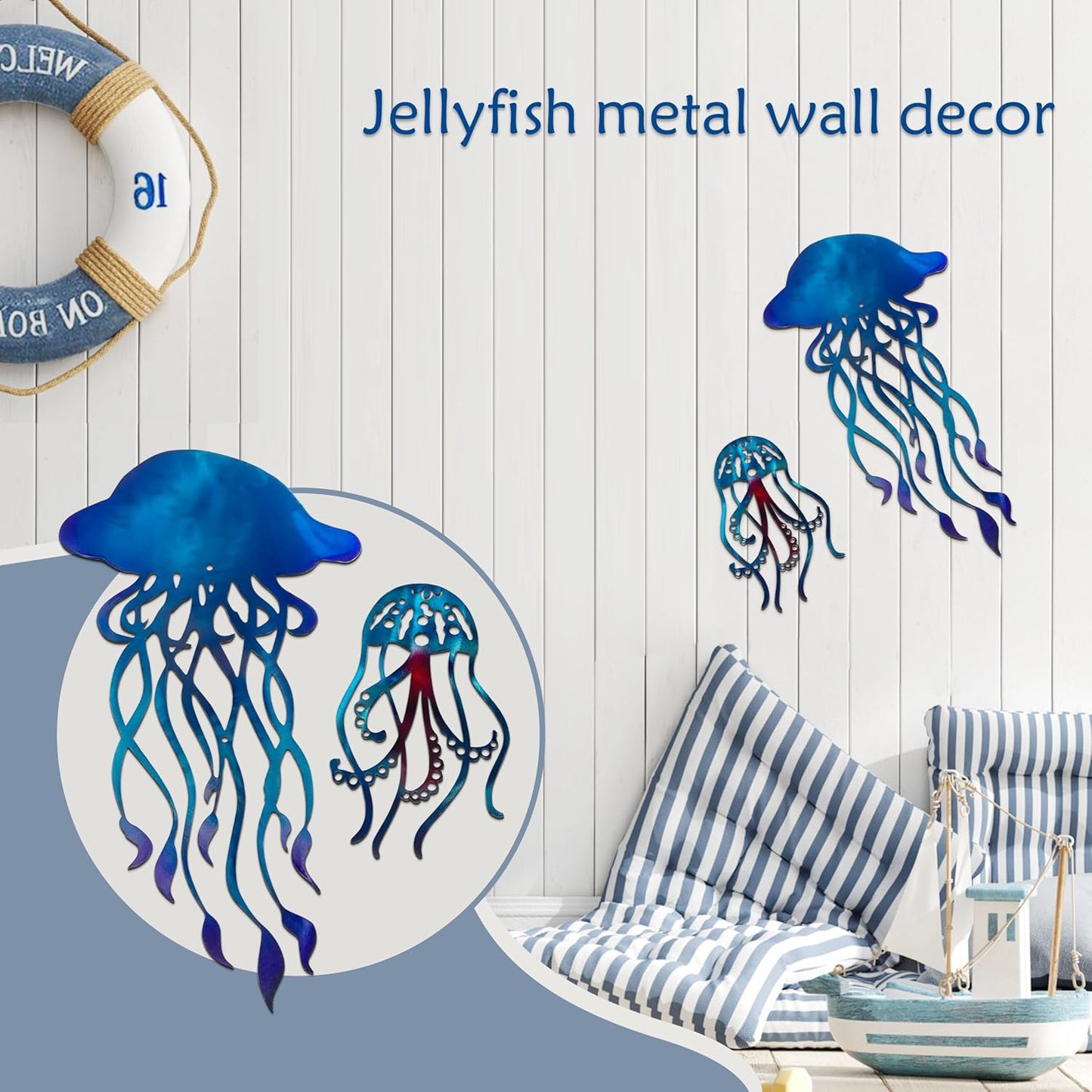 noxozoqm Metal Jellyfish Wall Decor (2 in 1), Ocean Themed Jellyfish Bathroom Decorations, Colorful Ocean Room Decor, Coastal Metal Fish Wall Decor for Beach Bath House,Bathroom,Pool and Bedroom