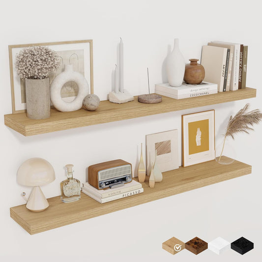 Fun Memories Floating Shelves for Wall, 40" Rustic Wood Deep Wall Mounted Shelves with Invisible Brackets for Decor & Storage, Floating Shelf for Living Room, Bathroom (Oak, Set of 2)