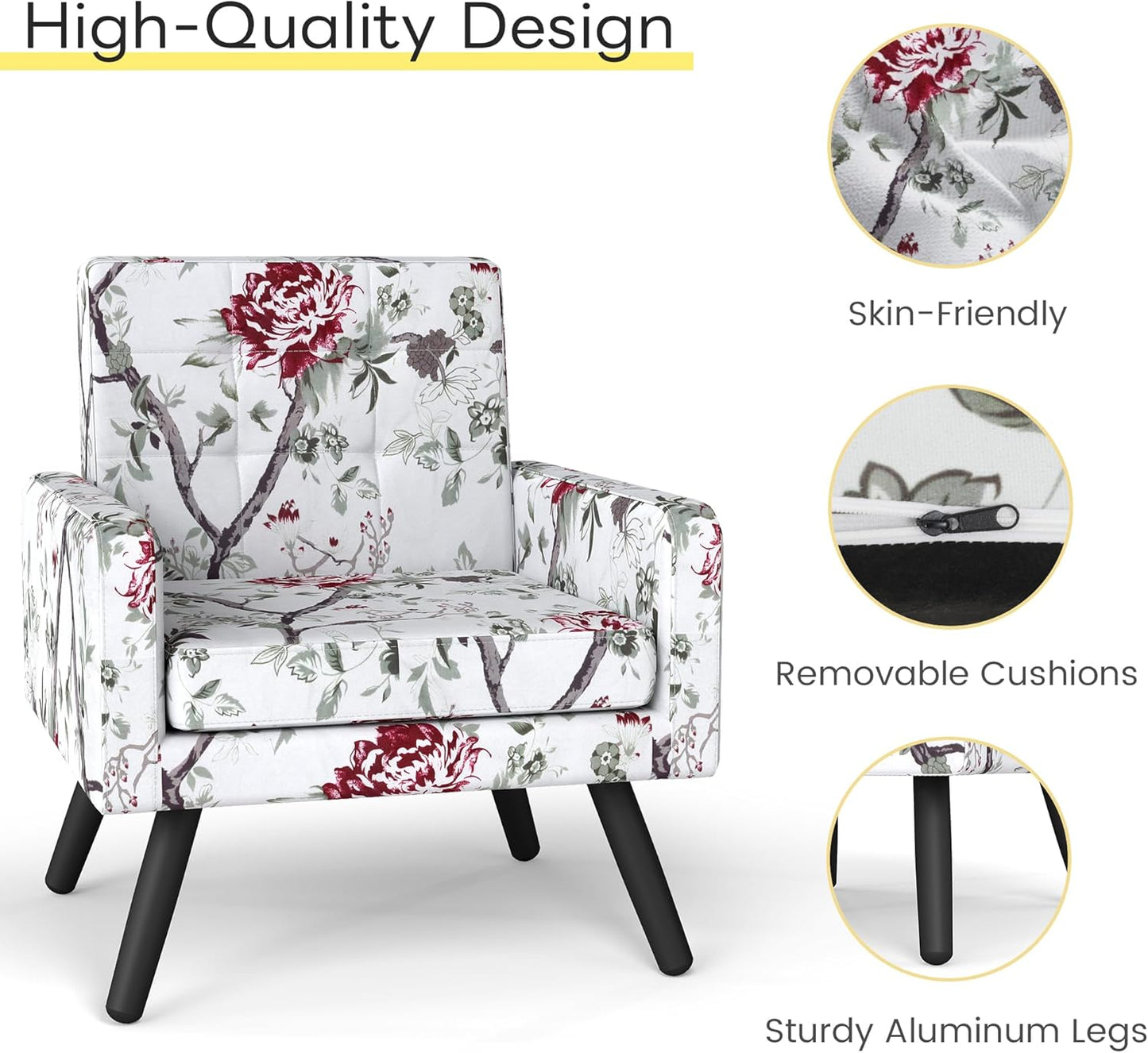 Kromax Mid-Century Modern Accent Chair for Living Room, 496 Lb. Weight Capacity, Dual Armrests, Comfy Extra Large Seat, Timeless Style Perfect for Reading & Relaxing, Red Floral