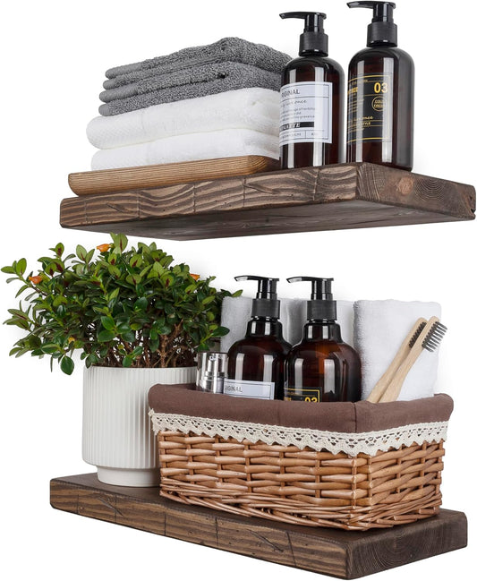 BGMG Floating Shelves 16 inch Long, Distressed,Wide Rustic Wooden Wall Shelves for Bathroom Living Room Bedroom Kitchen Farmhouse Set of 2-16x6.7x1.25 inch-Distressed Walnut