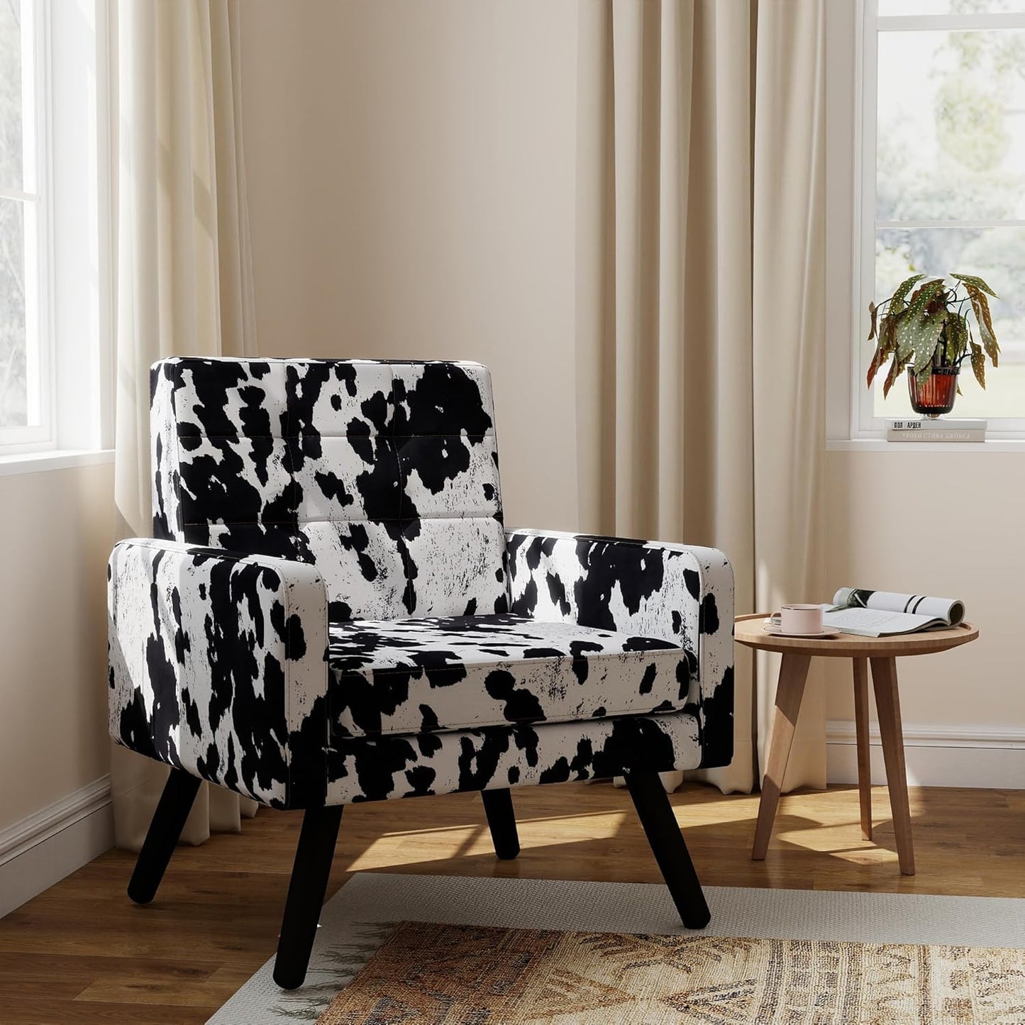 Kromax Mid-Century Modern Accent Chair for Living Room, 496 Lb. Weight Capacity, Dual Armrests, Comfy Extra Large Seat, Timeless Style Perfect for Reading & Relaxing, Cow Pattern