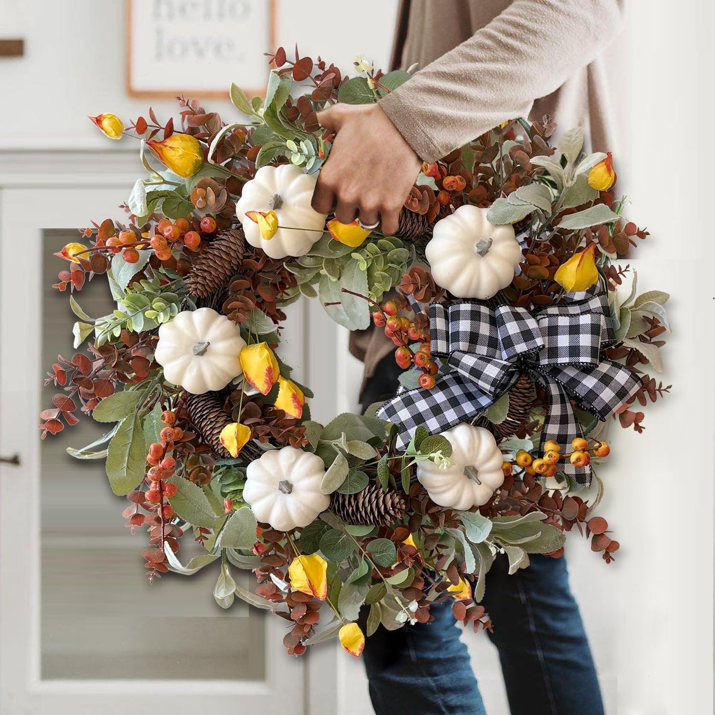 WANNA-CUL 24 inch Large Farmhouse Fall Wreath Decor for Front Door with White Pumpkin,Cotton,Lamb's Ear and Eucalyptus Leaves,Harvest Door Wreath for Autumn or Thanksgiving Decorations