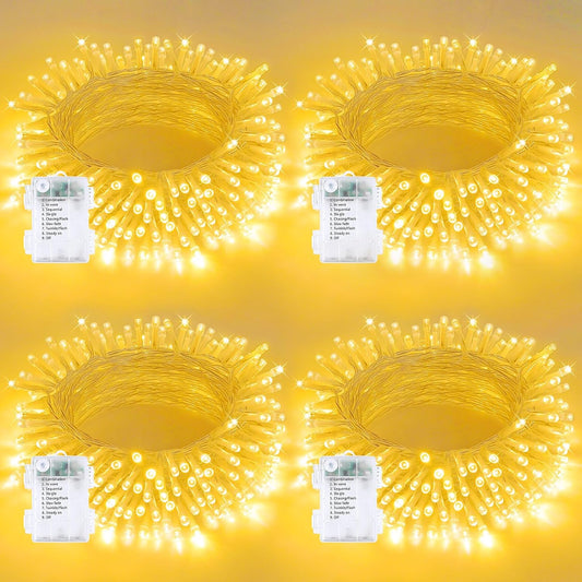 4 Pack String Lights Battery Operated with Timer, 66FT 200 LED Waterproof Battery Twinkle Lights, 8 Modes Fairy Light for Indoor & Outdoor Party Bedroom Garland Tree Christmas Decorations (Warm White)