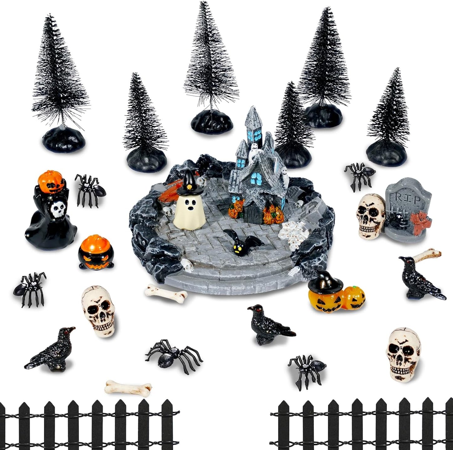 Hiawbon 30PCS Halloween Mini Village Set, Village Ornaments Miniature Decorations, Resin Miniature Spider Coffin Spiders Pine Trees Fence for Halloween Decor