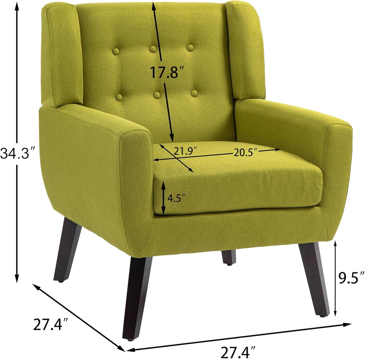 UIXE Accent Chair, Modern Upholstered Armchair in Fabric for Living Room, Comfy Club Arm Chairs Single Sofa Button Tufted Bedroom Reading Seat - Green