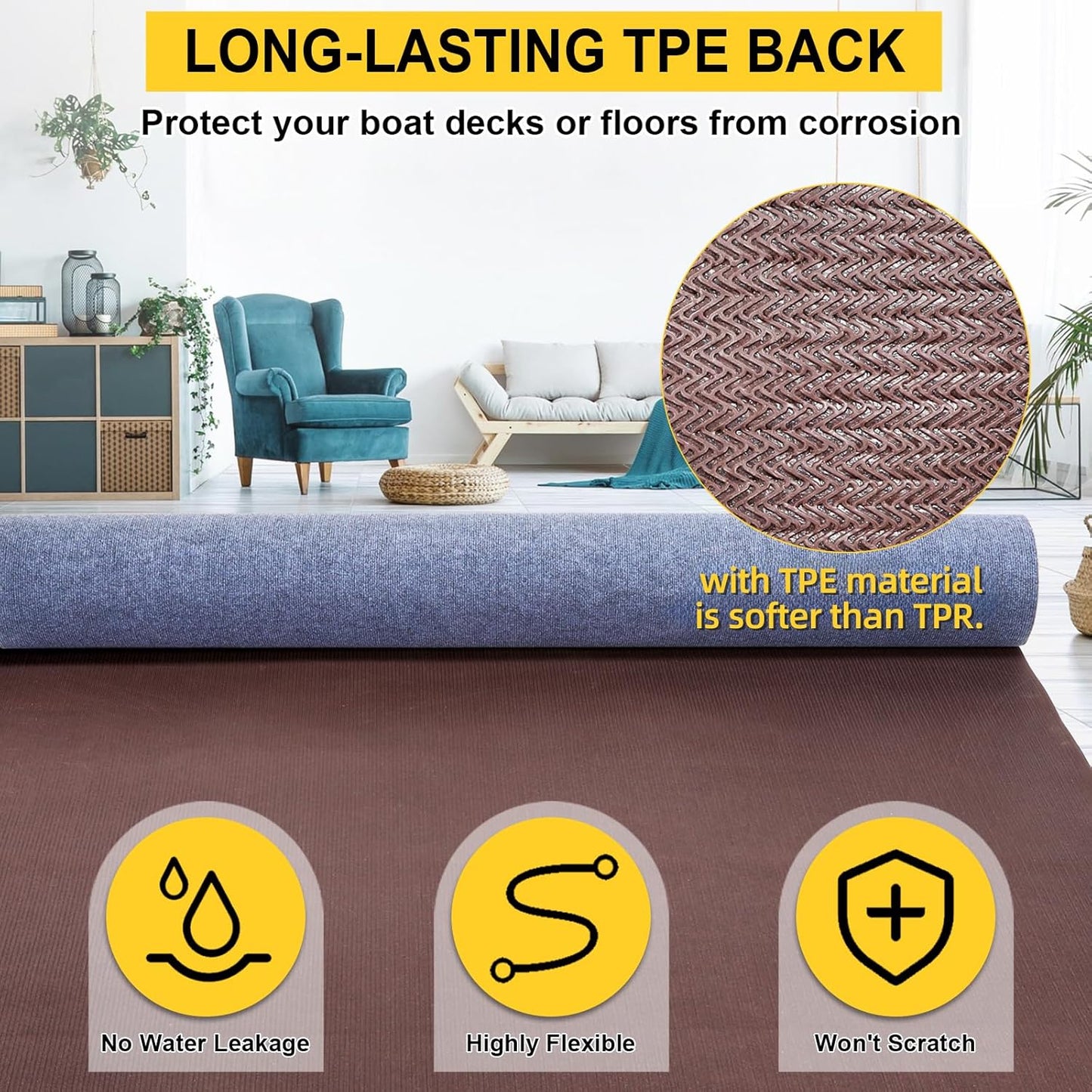 Marine Carpet,6 FT x 18 FT Blue-Gray Indoor Outdoor Carpet 0.2" Thick Boat Carpet with Water-Proof TPE Backing, Non-Slide Outdoor Marine Carpet Roll for Home, Patio, Porch, Deck