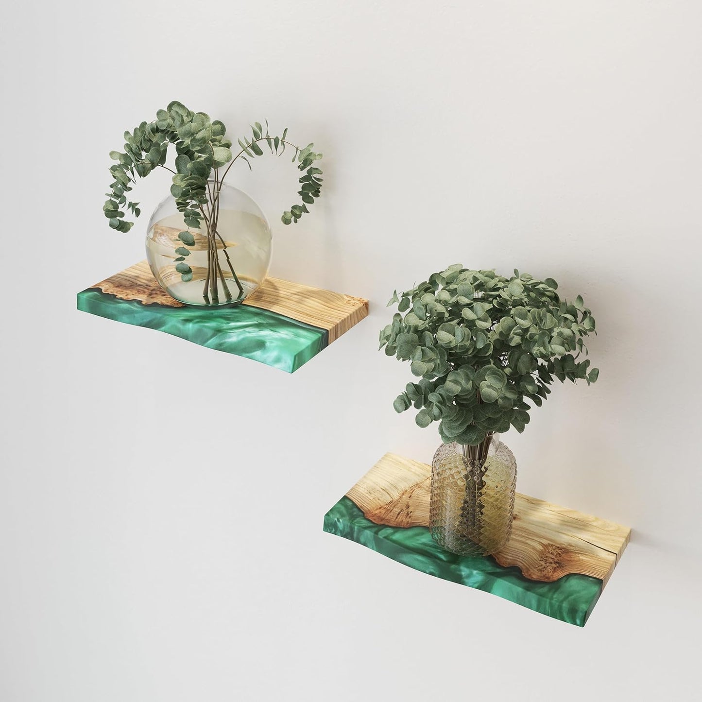 RWA Unique Live Edge Floating Shelf for Wall - Stylish Hanging Shelves for Room Wall Bedroom Bathroom Office Decor, Epoxy and Wood Wall Shelf Plank - Elegant Wall Mounted Shelves (green, 12x6")