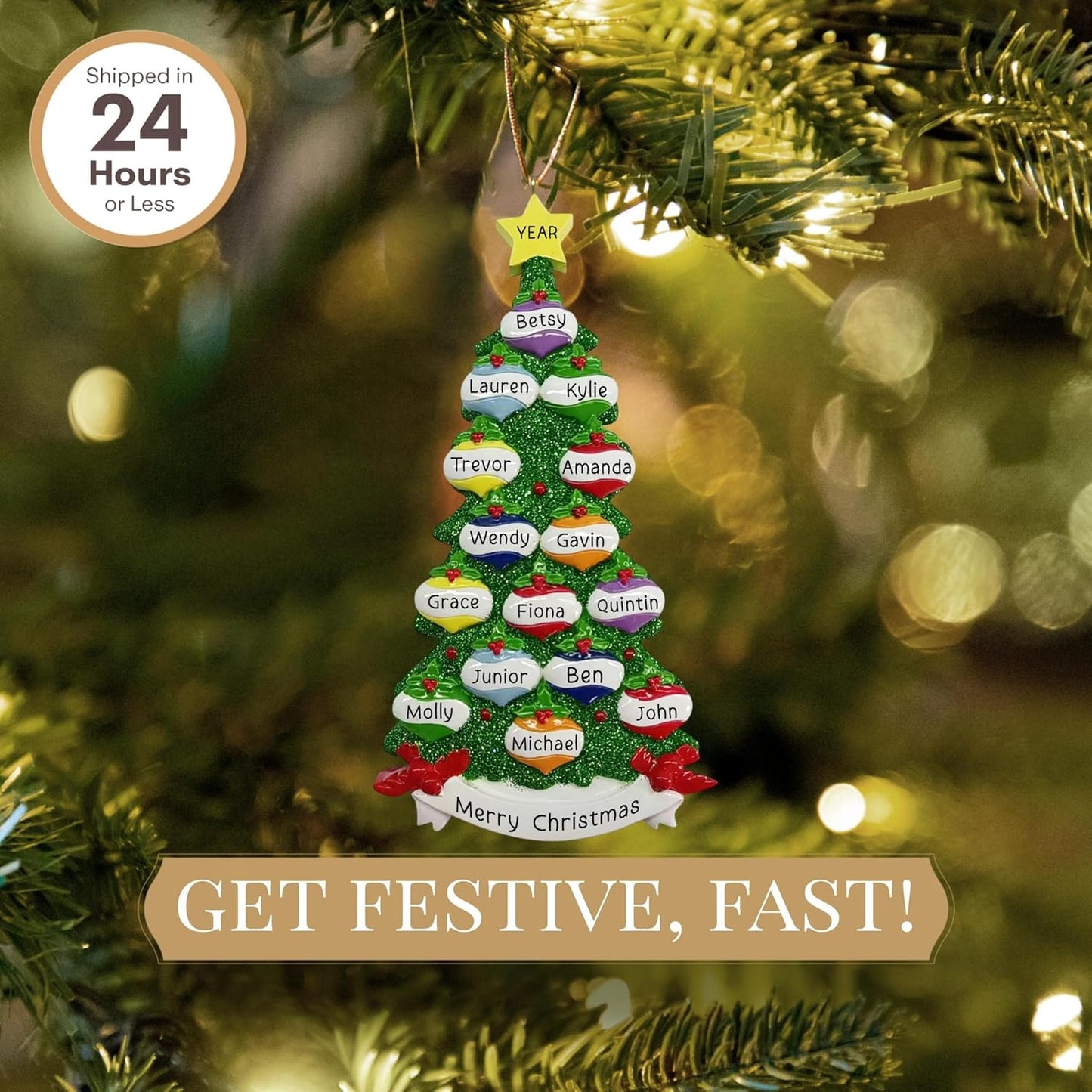 Personalized Large Family of 15 Ornament 2025 | Free 24h Customization | Christmas Ornaments for Tree | Custom Gift Wrapped Green Glitter Keepsake for Fifteen Persons