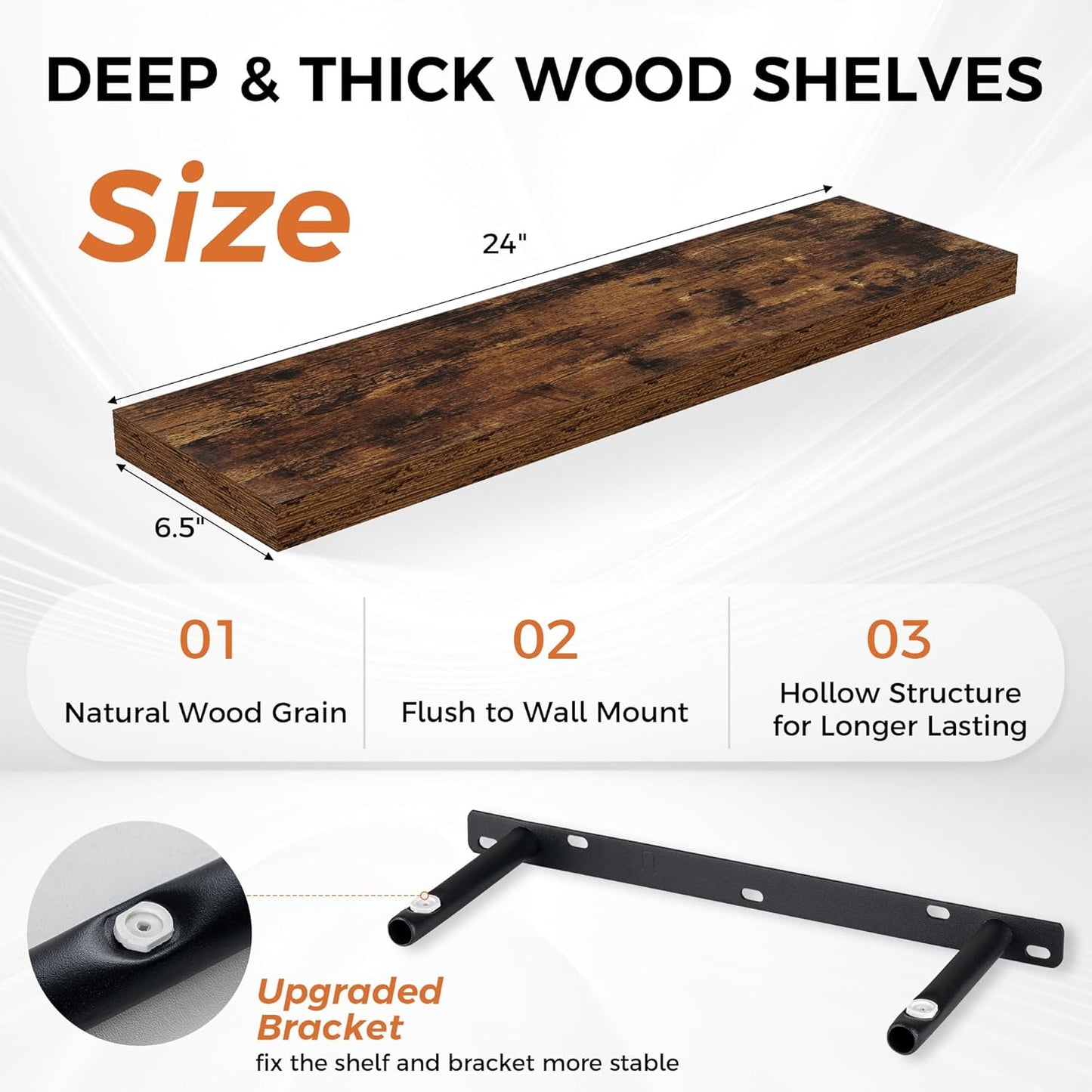 Fun Memories Floating Shelves for Wall, 24" Rustic Wood Deep Wall Mounted Shelves with Invisible Brackets for Decor & Storage, Floating Shelf for Living Room, Bathroom (Rustic Brown, Set of 2)