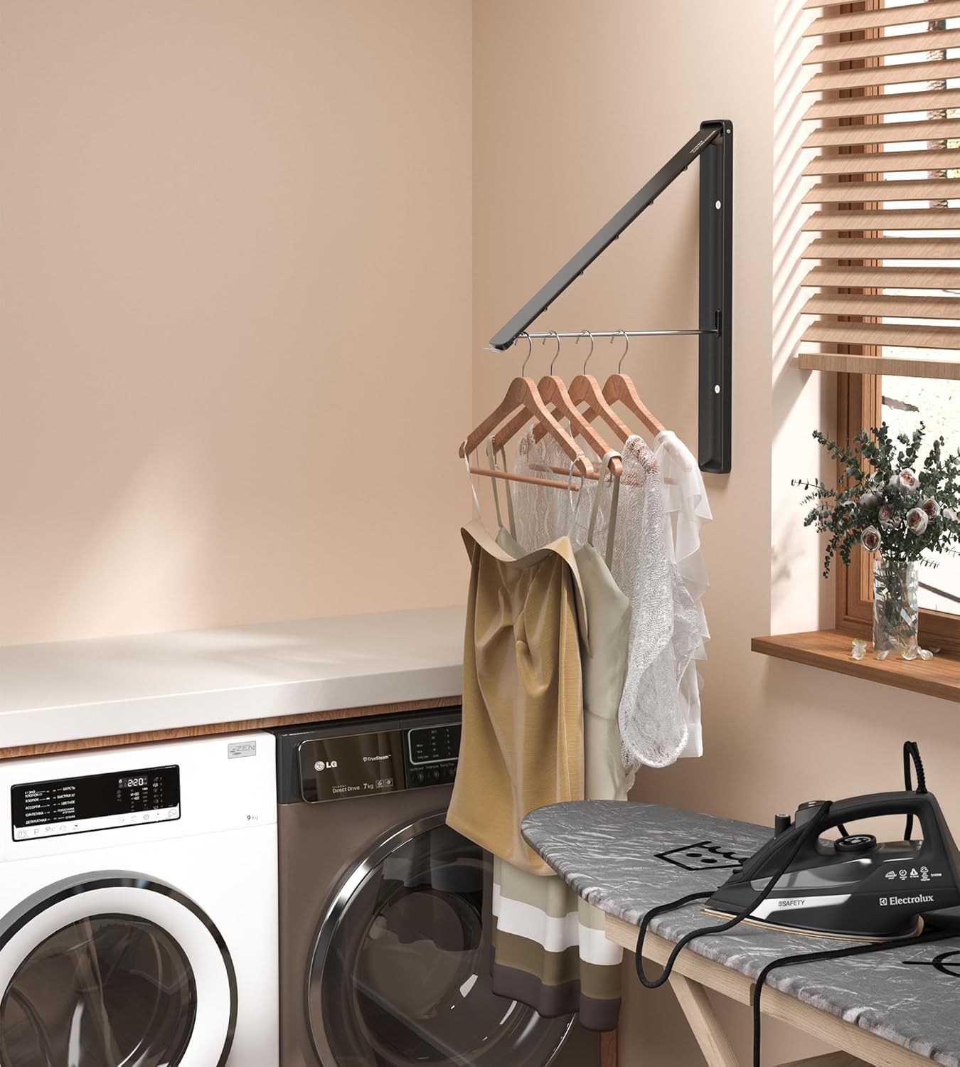 Dr.DJ Clothes Drying Rack, Wall-Mounted Retractable & Foldable Clothes Hanger for Laundry Room Organization and Storage, Metal Clothes Hanger Rack for Dorm, Closet, Balcony(1 Pack, Black)