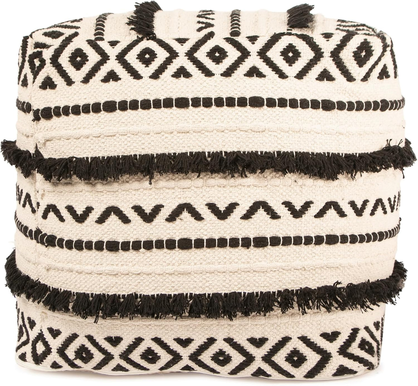 REDEARTH · Tufted Pouf Ottoman with Filler Textured Storage Cube Bean Bag Pouffe Footrest for Living Room, Bedroom, Nursery, Kidsroom; 100% Cotton (17.5"X17.5"X17.5", Geometric Craft Black)