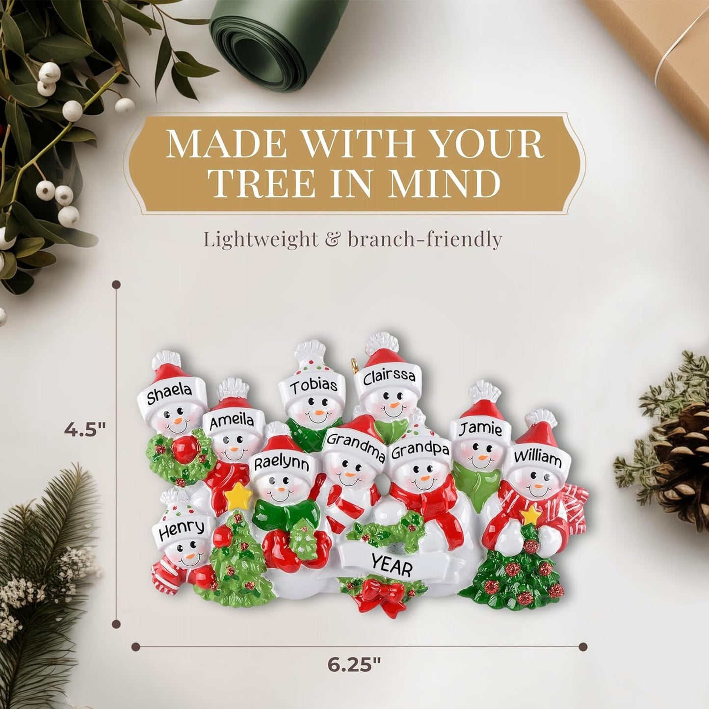 Personalized Large Family of 10 Ornament 2025 | Free 24h Customization | Laser Engraved Snowman Christmas Ornaments for Tree | Custom Gift Wrapped Festive Holiday Keepsake for Ten Persons