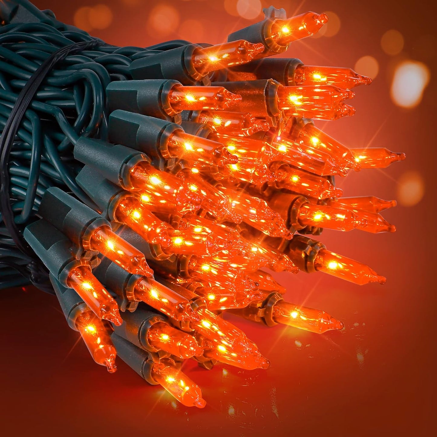 woohaha Outdoor Halloween Lights, 2PACK 13ft 50 Count Incandescent Blubs & Green Wire Mini Lights, 120 V High-Voltage Connectable Light String, for Indoor Patio Garden Tree Party Decoration, Orange