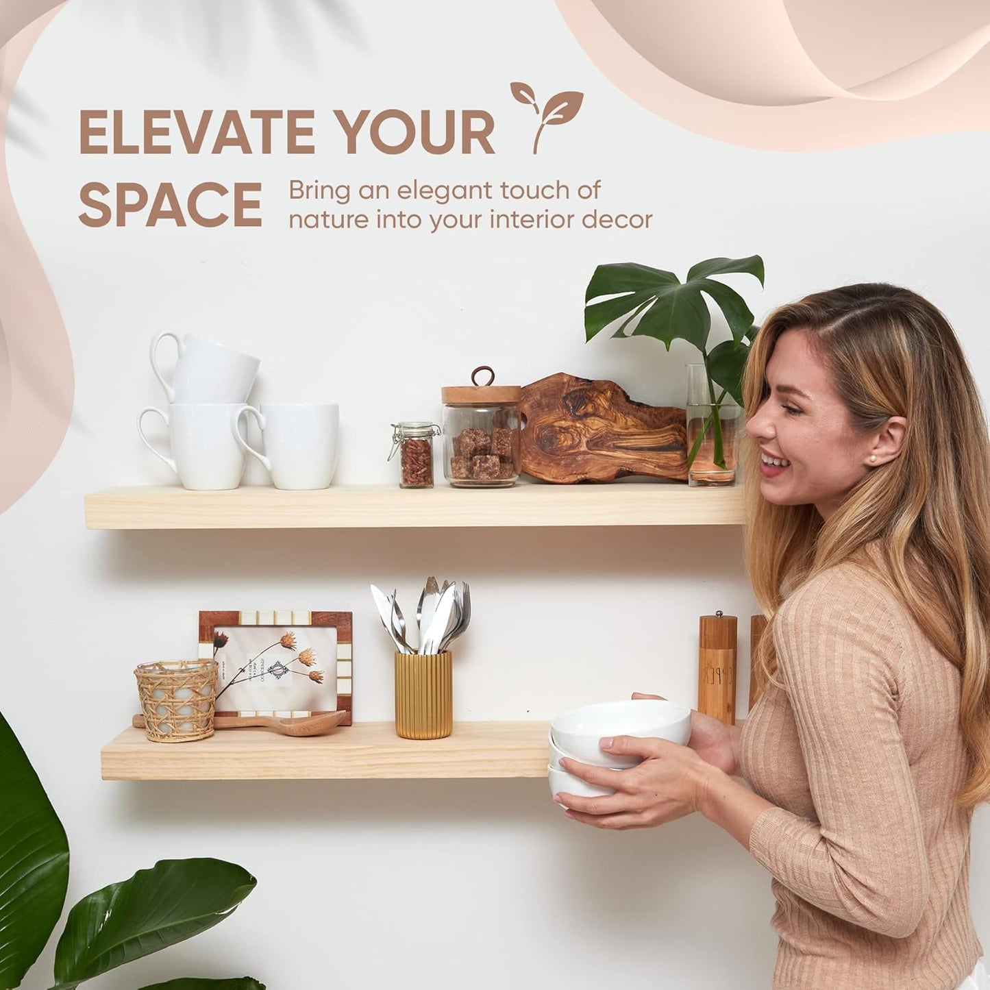 Homeforia 36 inch Wood Floating Shelves, High End Solid Natural Wood 36inch Large Floating Shelf Bathroom, Unfinished Wooden Floating Shelves for Wall, Heavy Duty Bracket, 36 X 6.5 X 1.75 in, Set of 2