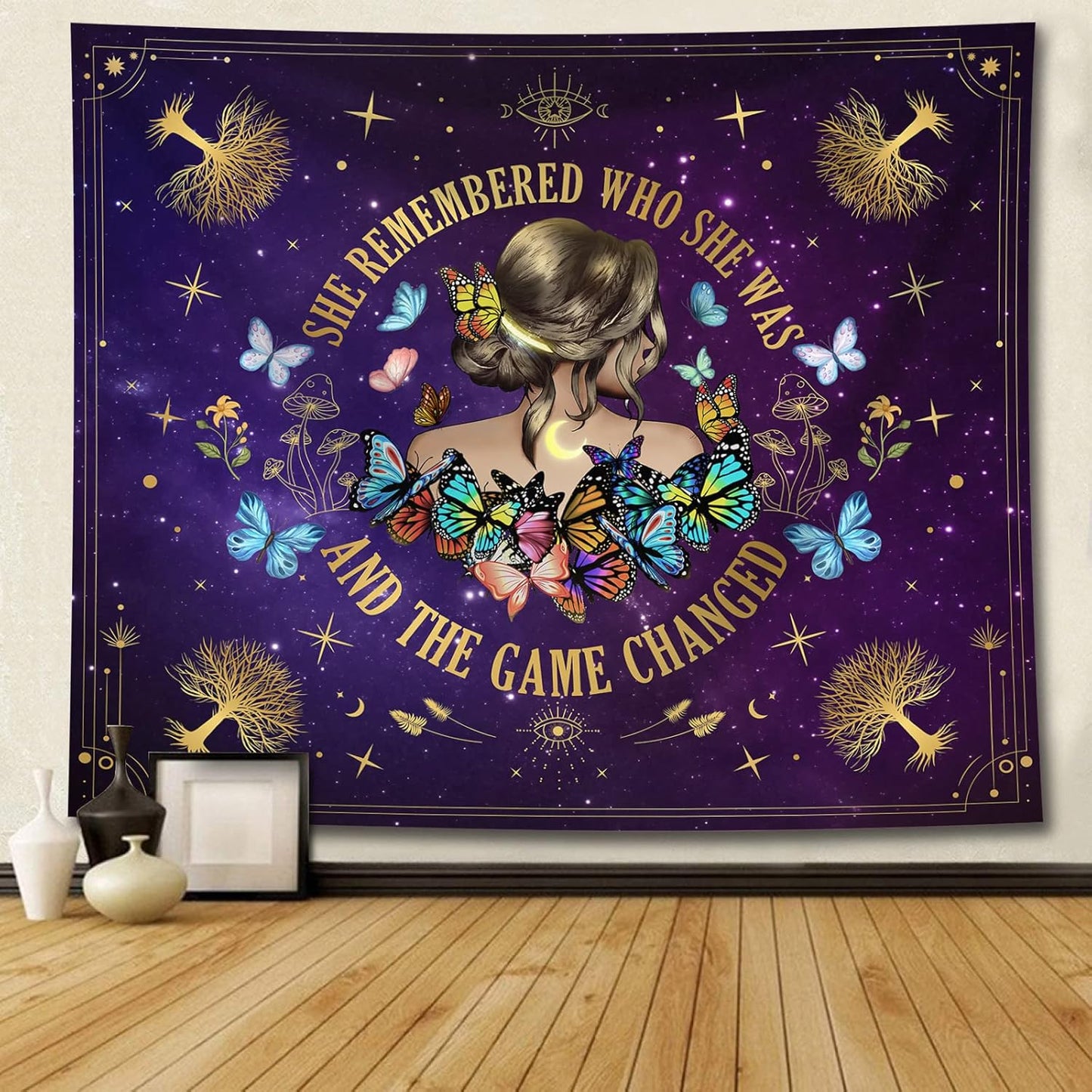 Inspirational Quote Tapestry She Remembered Who She Was And The Game Changed Positive Quotes Wall Decor,Uplifting Encouragement Gifts Inspirational Gift for Women Girls Tapestry for Bedroom 60"x50"
