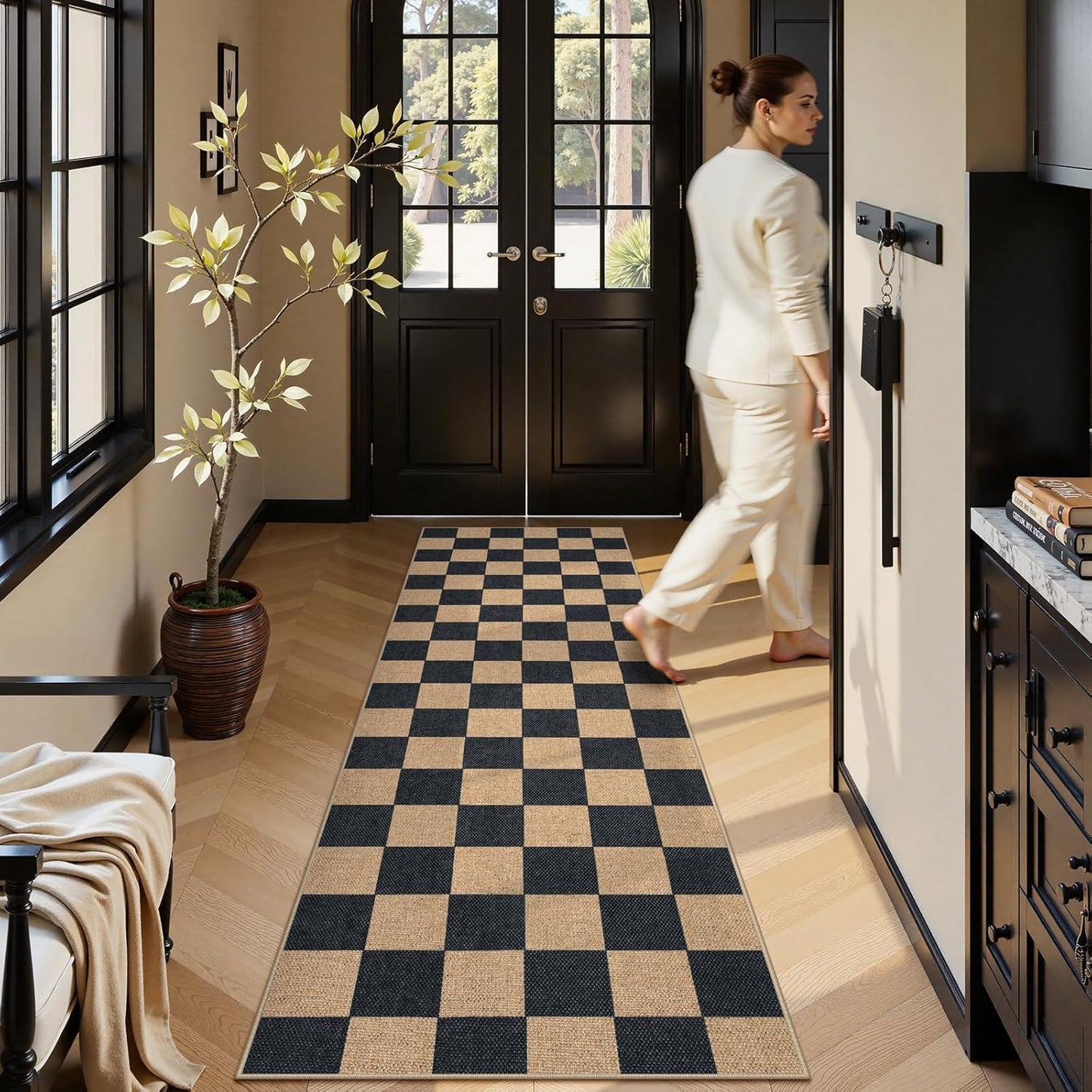 Lahome Checkered Easy Jute Runner Rug, 2x8 Kitchen Rug Non Slip Washable Outdoor Runner for Entryway Indoor, Checkerboard Black Indoor Outdoor Carpet for Hallway 8ft Entry