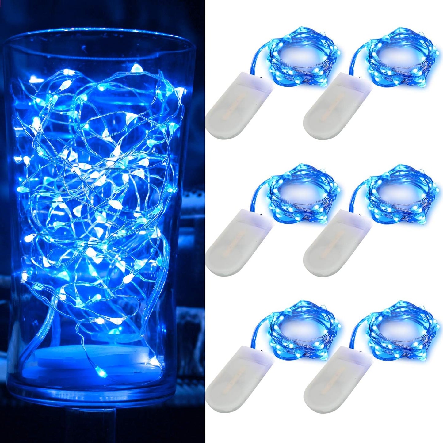 [6-Pack] 7Feet Starry String Lights,Fairy String Lights 20 Micro Starry LEDs On Silvery Copper Wire 2pcs CR2032 Batteries Included,Works for Wedding Centerpiece,Party,Christmas Table Decor (Blue)