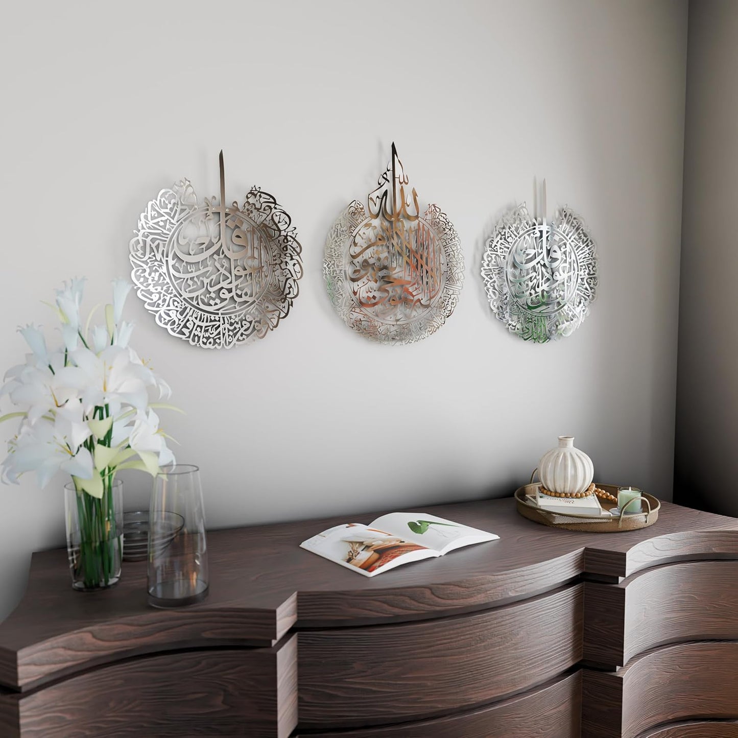 IWA CONCEPT Metal Set of Ayatul Kursi, Surah Al Falaq and Surah An Nas,Islamic Ramadan Wall Decorations,Modern Muslim Housewarming Gift,Arabic Calligraphy,Quran Wall Art,(Shiny Silver, Large)