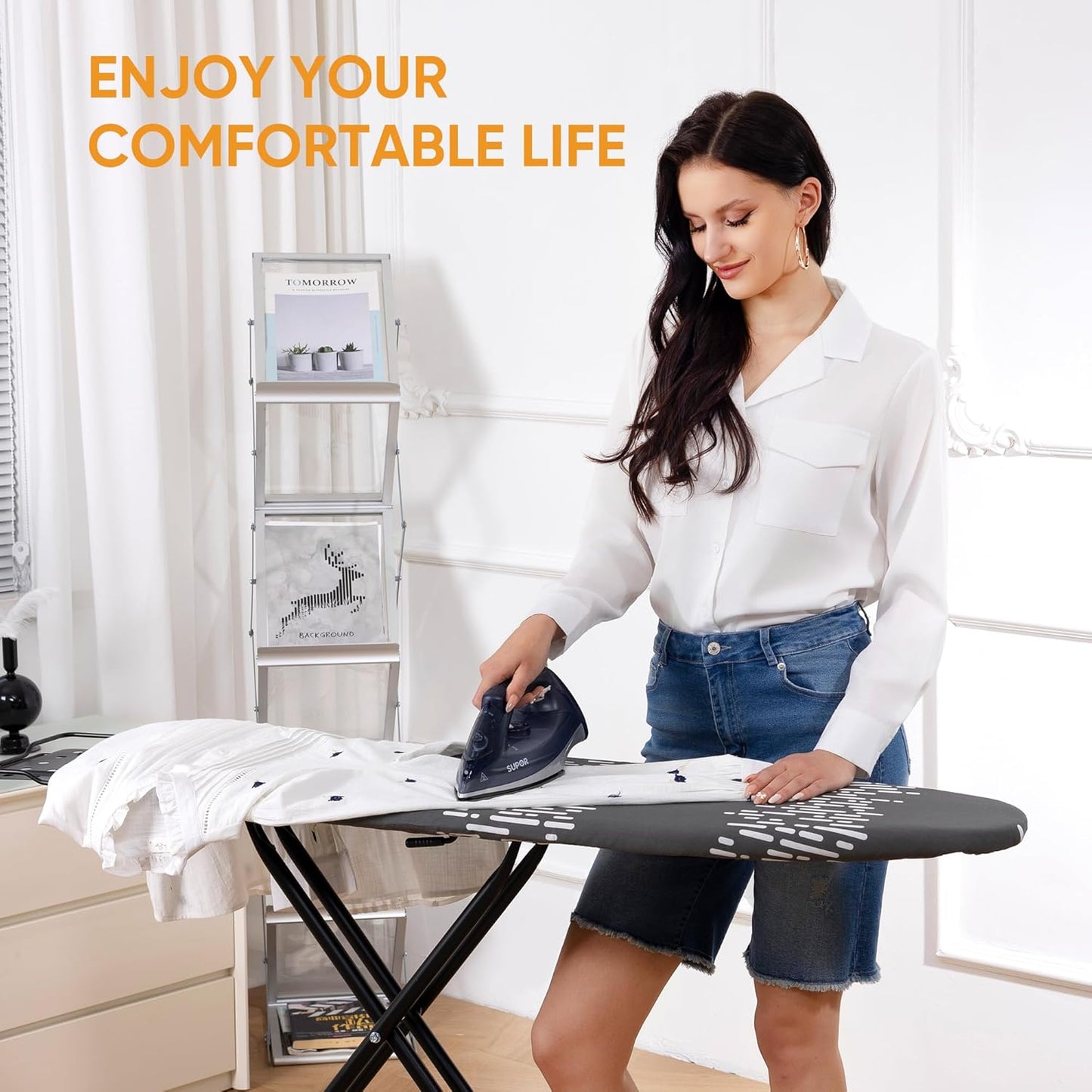 Deluxe Ironing Board with Heat Resistant Cover and Thicken Felt Pad, Safety Iron Rest, 4 Premium Steel Legs, Height Adjustable,Foldable