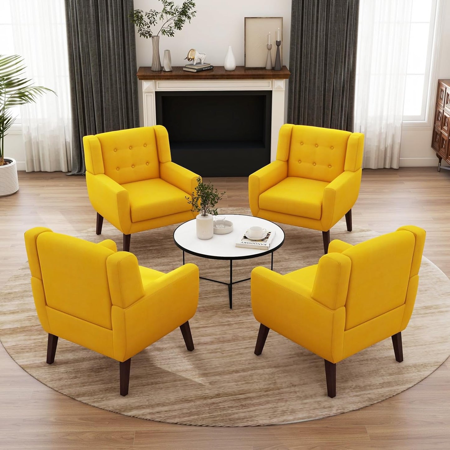 UIXE Accent Chair, Modern Upholstered Armchair in Fabric for Living Room, Comfy Club Arm Chairs Single Sofa Button Tufted Bedroom Reading Seat - Yellow, Set of 1