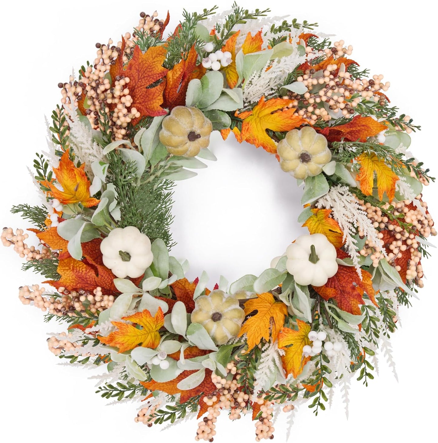 GENMOUS 24inch Fall Wreaths for Front Door, Maple Leaves Autumn Wreath Eucalyptus Berries Pumpkins Lamb Ears Leaves, Porch Wall, Home Outdoor Indoor Thanksgiving Halloween Harvest Holiday Fall Decor