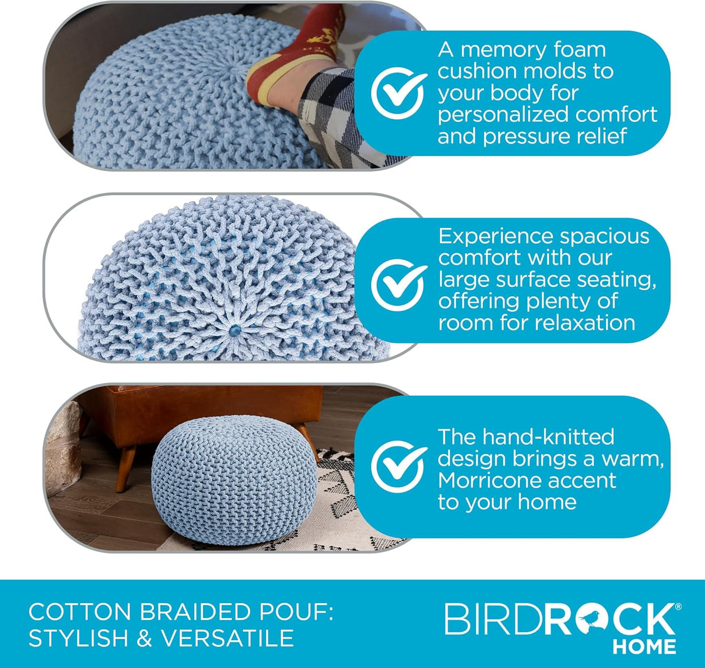 BIRDROCK HOME Round Pouf Ottoman | Cotton Braided Foot Stool with Bean Bag Filling | Boho Foot Rest for Living Room & Bedroom | Compact & Comfortable Seating, Lightweight & Soft | Soft Blue