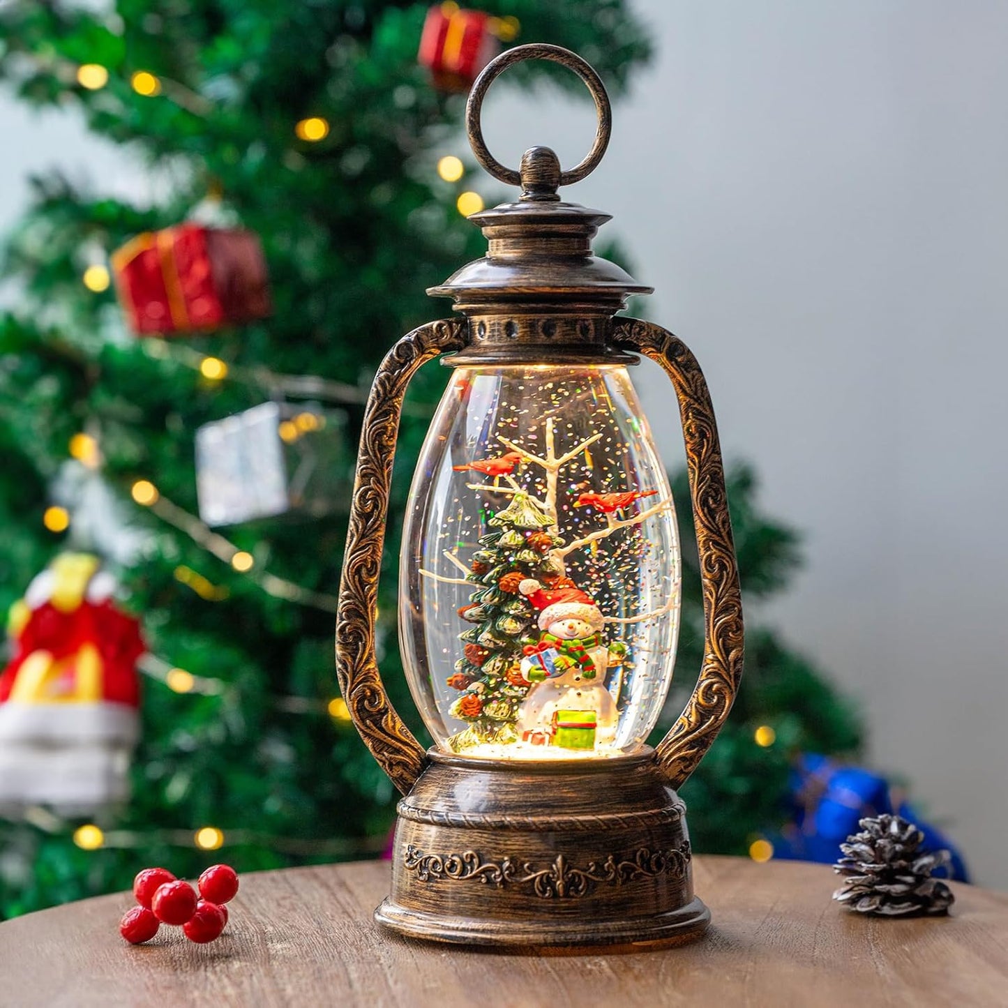 Christmas Snow Globe Lantern Water Glittering Snowman with Christmas Tree, USB Lined/Battery Operated Lighted Lantern for Christmas Festival Decoration Gifts