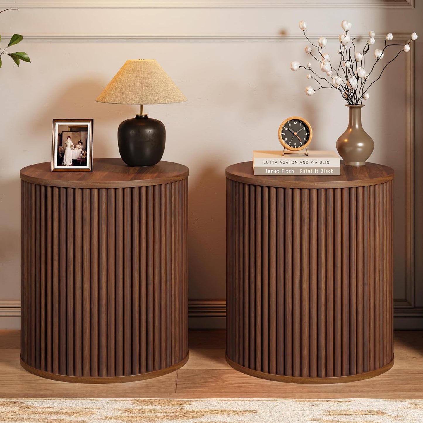 AVZEAR Small Round Side Table Fluted Night Stand Set of 2, Mid Century Modern End Table with Storage, Circle Bedside Tables Wood Nightstands for Small Spaces, Living Room, Bedroom (Walnut)