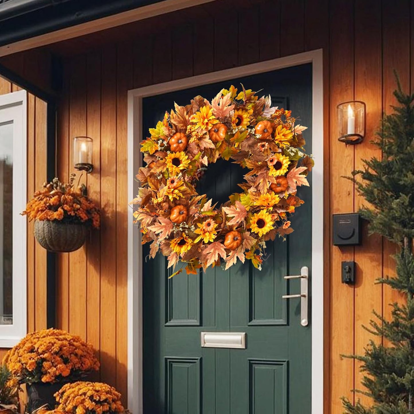 Uieke 28 Inch Fall Wreath for Front Door Outside Large Artificial Autumn Wreath with Orange Sunflowers Maple Leaves Pumpkins Fall Decoration for Home Farmhouse Door Wreath for Harvest Thanksgiving