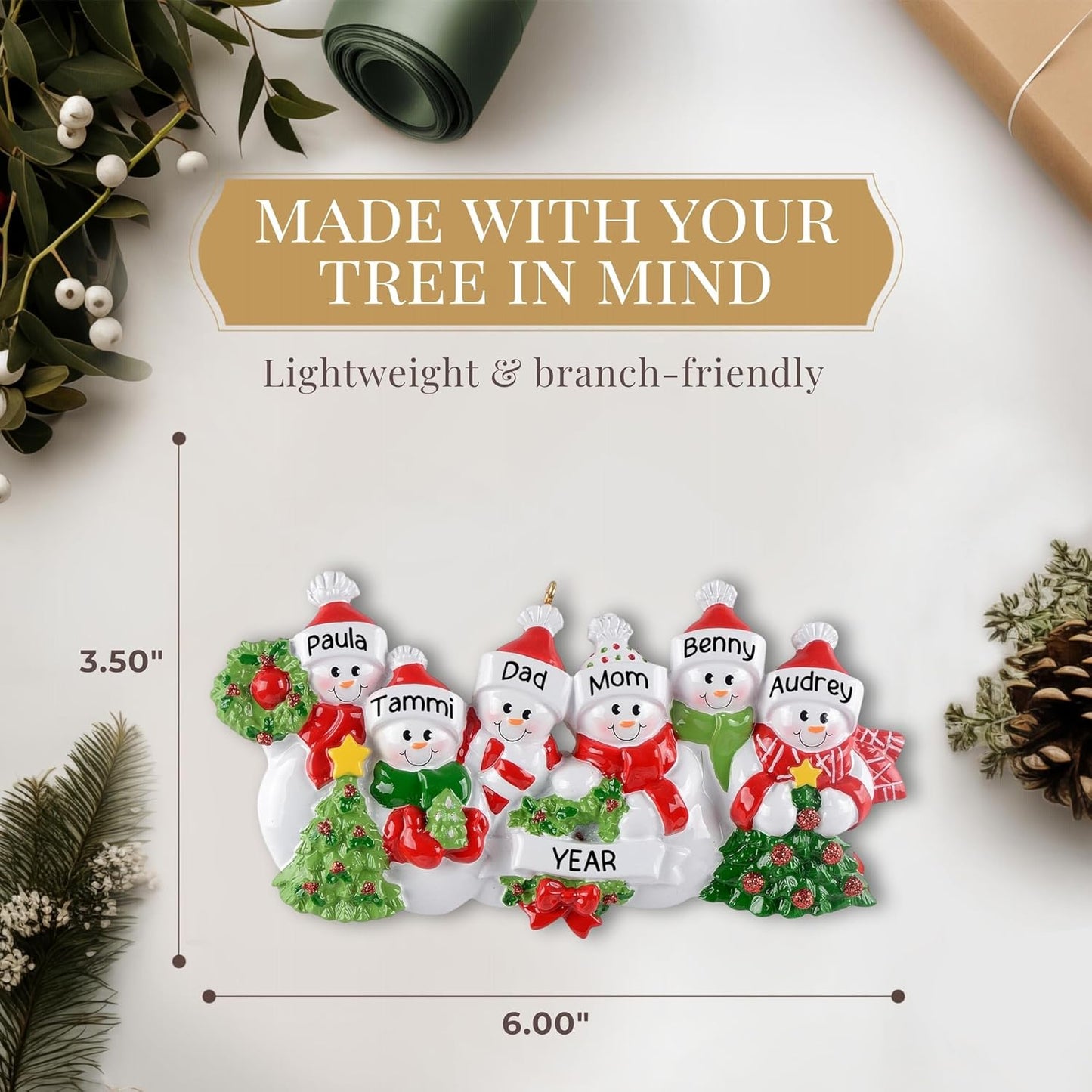 Personalized Family of 6 Ornament 2025 | Free 24h Customization | Laser Engraved Snowman Christmas Ornaments for Tree | Custom Gift Wrapped Festive Holiday Keepsake for Six Persons