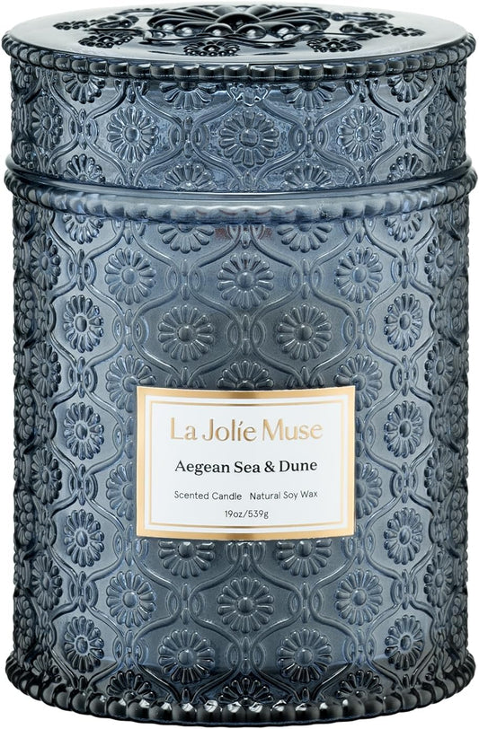 LA JOLIE MUSE Aegean Sea & Dune Candle –Cool Water, White Florals & Warm Amber | 19 oz Large Wooden Wick Candle | Natural Soy Wax | 90 Hours Clean Burn | Gift-Ready for Hosts & Gatherings