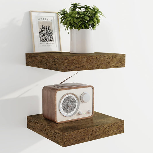 Marsmiles 6.7" Floating Shelves for Wall, Wooden Shelves with Invisible Brackets Set of 2, Rustic Farmhouse Wall Mounted Shelf for Kitchen Bathroom Living Room Study, Rustic Brown