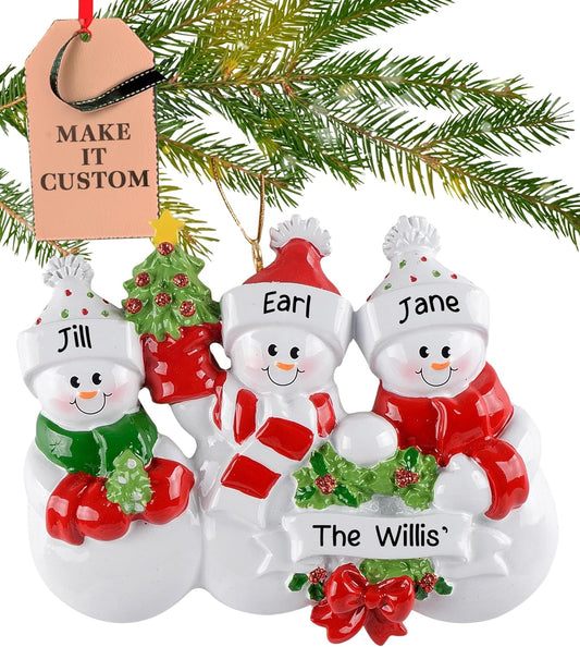 Personalized Family of 3 Ornament 2025 | Free 24h Customization | Laser Engraved Snowman Christmas Ornaments for Tree | Custom Gift Wrapped Festive Holiday Keepsake for Three Persons