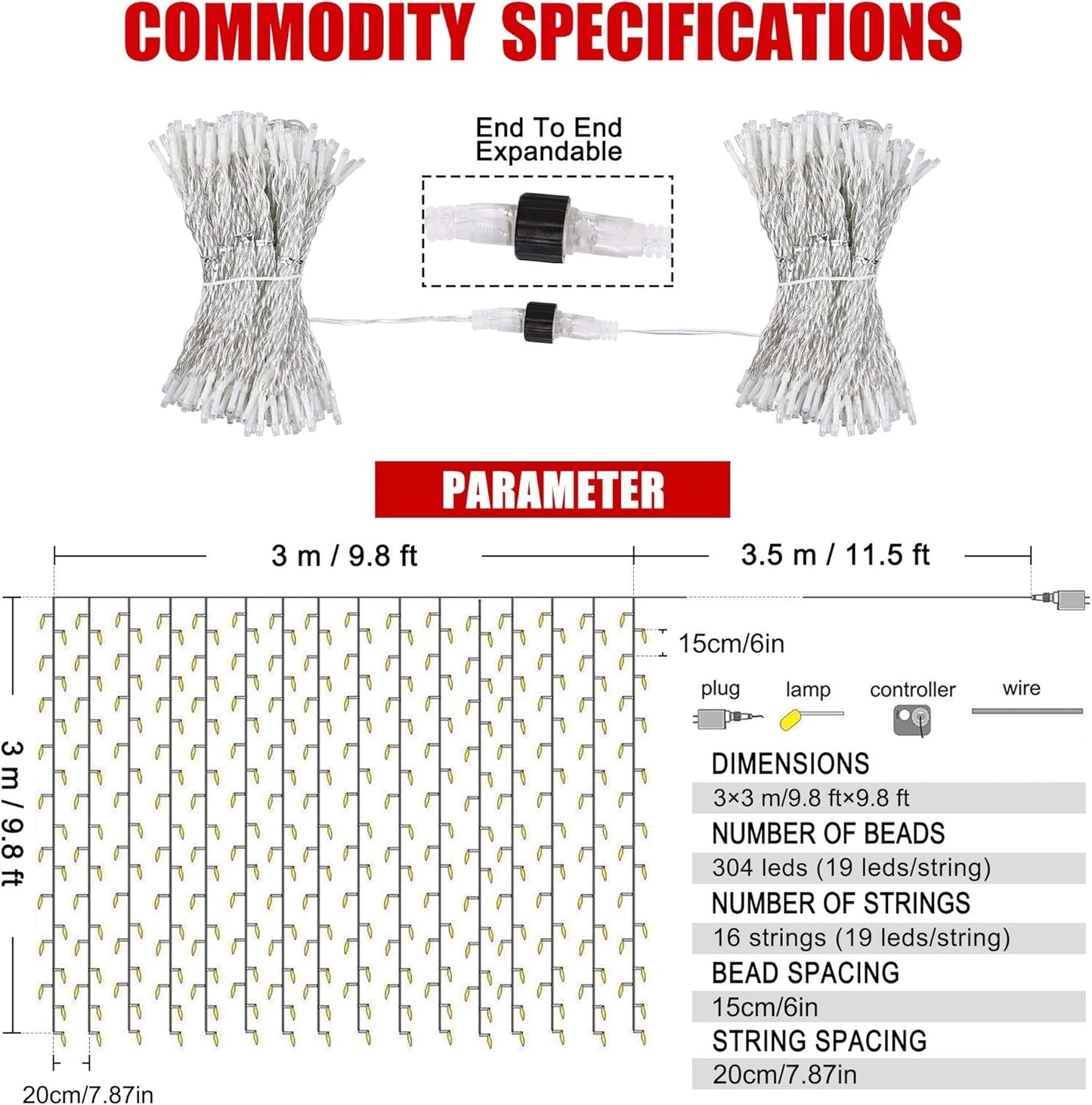 HEYFUNi Fiee Curtain Lights,304L 9.8ftX9.8ft 30V 8Modes Safety Window Lights for Home Wedding Christmas Party Patio Lawn Garden Bedroom Outdoor Indoor Wall Decorations (304LED, Blue+White)