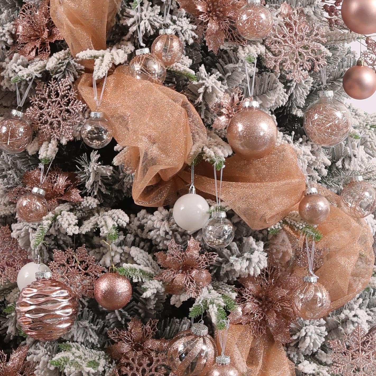 Clear Christmas Ball Ornaments,24ct Shatterproof Plastic Decorative Christmas Ornaments Hanging Xmas Tree Baubles Set with Stuffed Delicate Glittering Decorations for Holiday Party Decor(Rose Gold)
