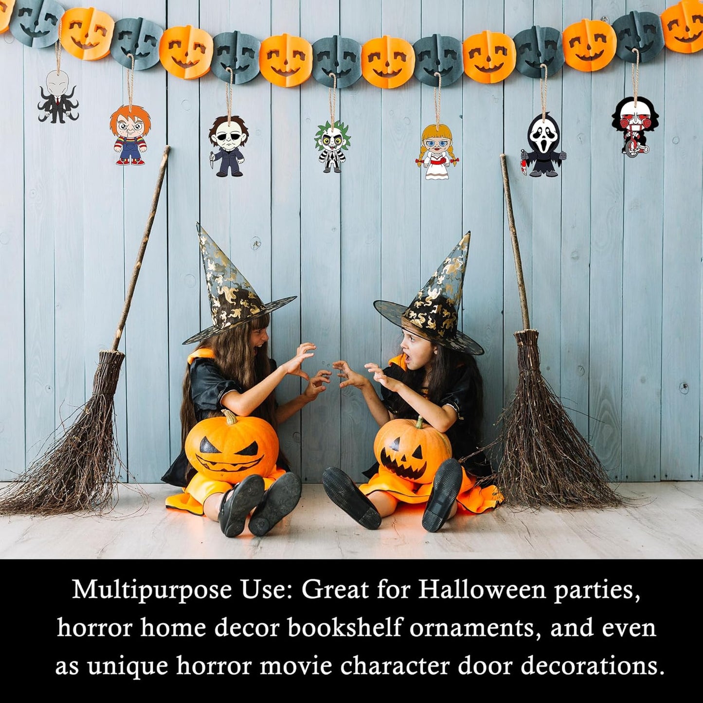 Black Halloween Tree with LED Lights and Spooky Wooden Hanging Ornaments Horror Movie Ornaments, Light Up Halloween Decor