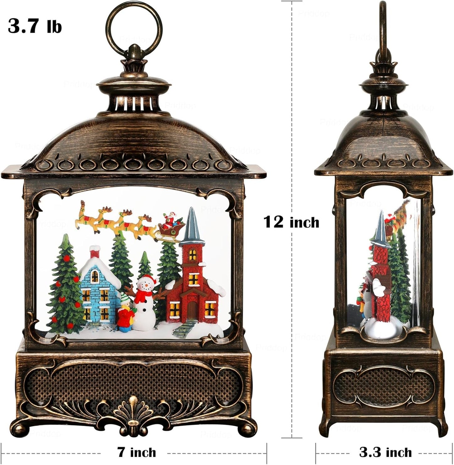 Christmas Snow Globe Lantern Christmas Decorations Gifts Snowman Santa Claus Church Village Scene Musical Glitter Snowfall USB/Battery Timer 12 inch