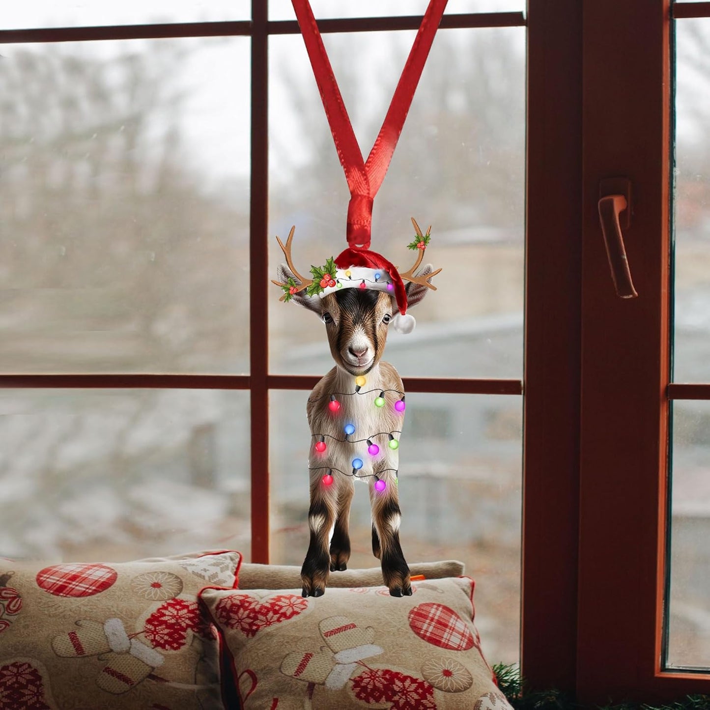 Talataca Goat 2D Flat Christmas Ornament, Goat Wearing Christmas Hat Reindeer with String Lights Pine Tree Decor, Hanging House Charm Eve Keepsake, Car Rear View Mirror Accessories, Xmas Gift