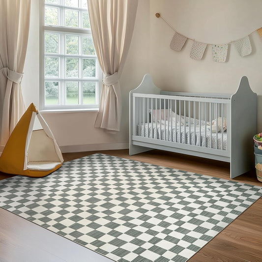 jinchan 6x9 Checkered Area Rugs for Kids Room - Machine Washable Soft Rug Modern Geometric Lattice Non-Slip Carpet for Nursery Playroom Classroom Living Room Bedroom Dining Room Home Office Grey