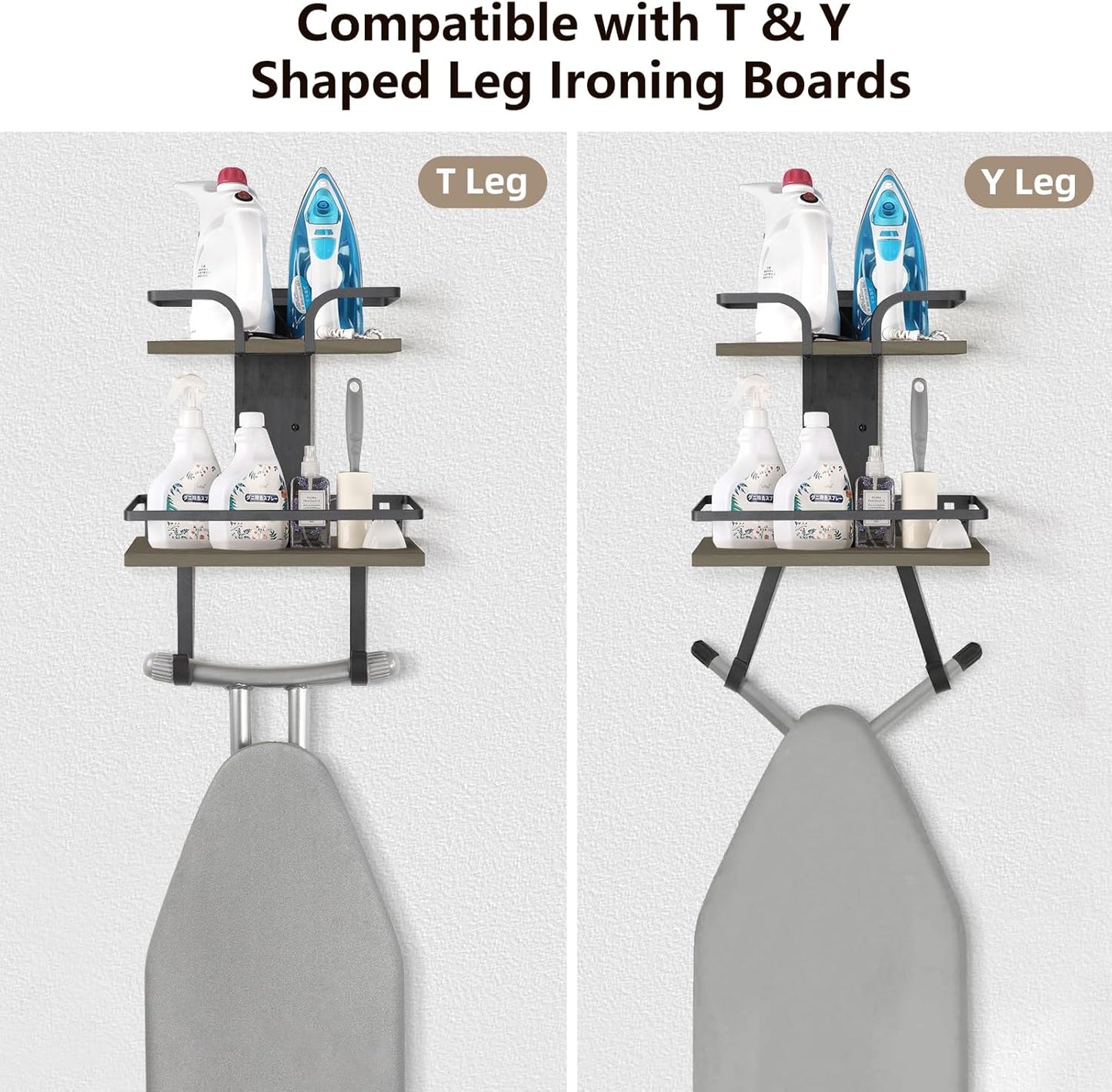 VINAEMO Ironing Board Hanger Wall Mount, 2-Layer Iron and Ironing Board Holder, Laundry Room Shelves Solid Wood with Removable Hooks Home Organization and Storage